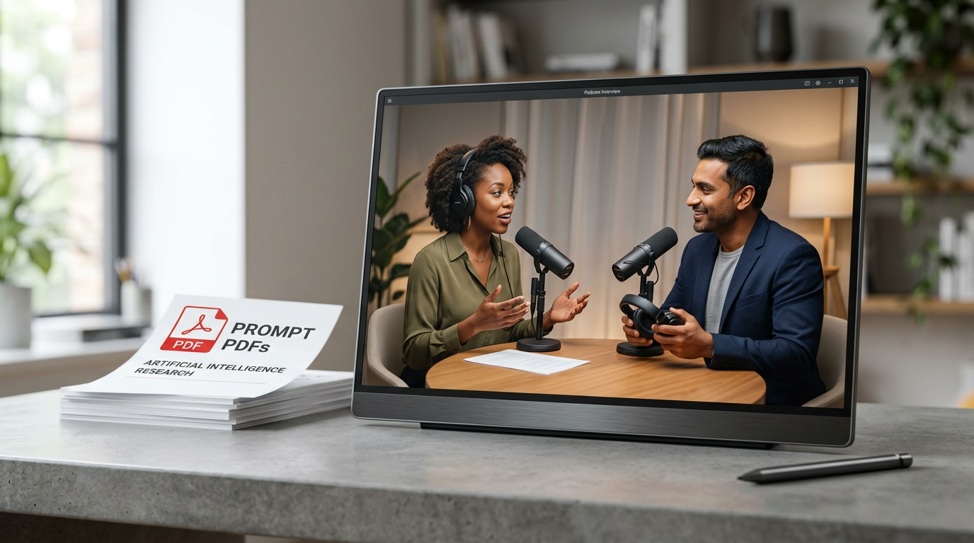 AI-generated video ad showing a host interviewing a guest, demonstrating the AI podcast interview ad tactic for ecommerce brands.
