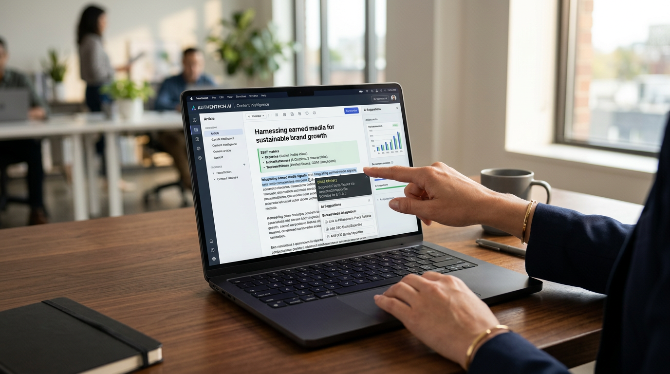 Infographic detailing VisiGEO's core features for AI search optimization, including tracking mentions, competitor analysis, and content generation.