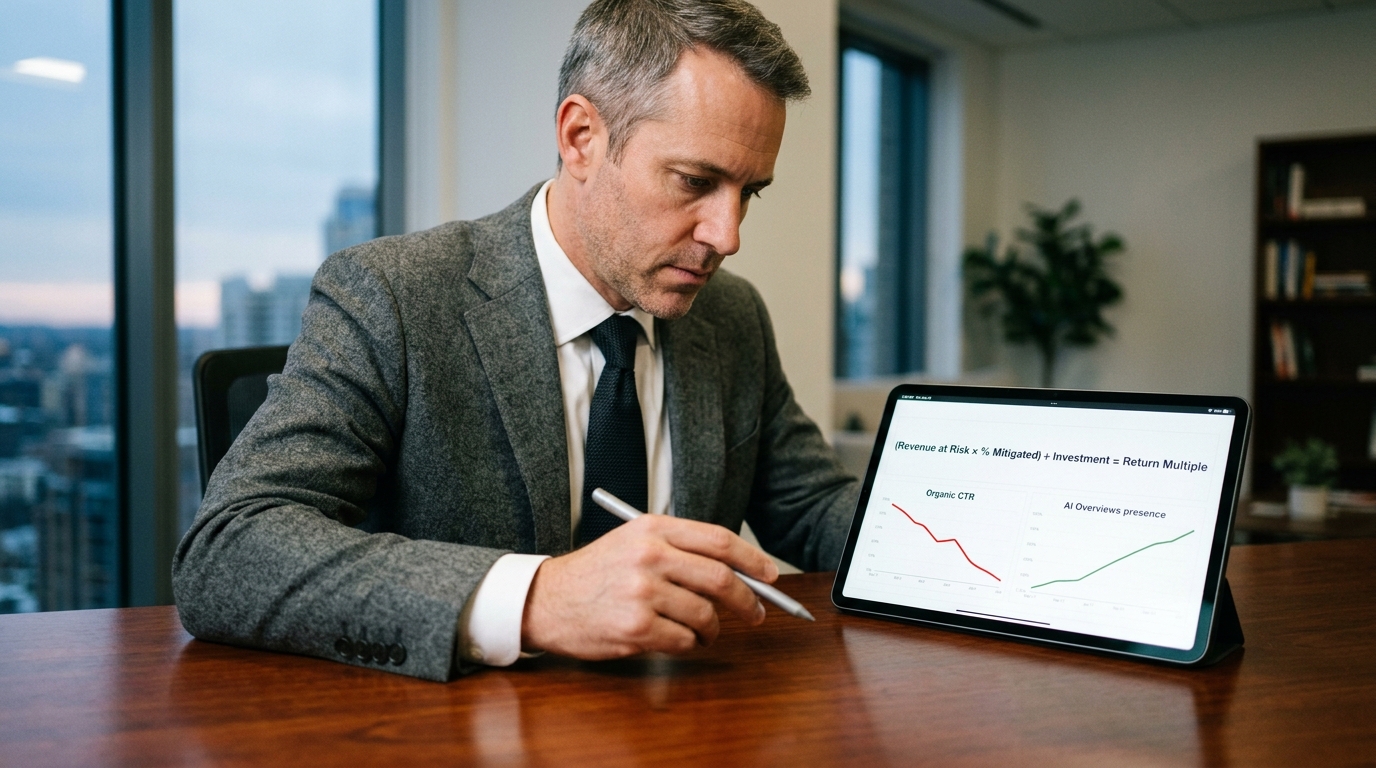 Illustration showing a business leader presenting a chart on AI SEO adoption and its impact on revenue, representing the WebFX framework.