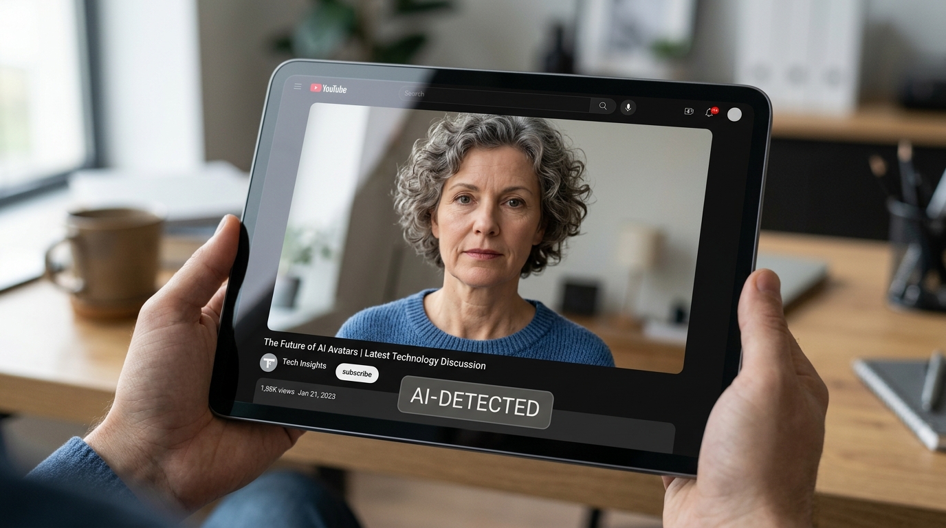 Illustration of YouTube's new AI content detection system, showing a video player with an AI label and a magnifying glass icon.